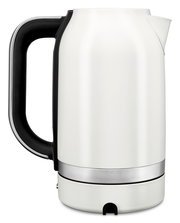 Weißer Wasserkocher mit schwarzem Griff, seitliche Ansicht