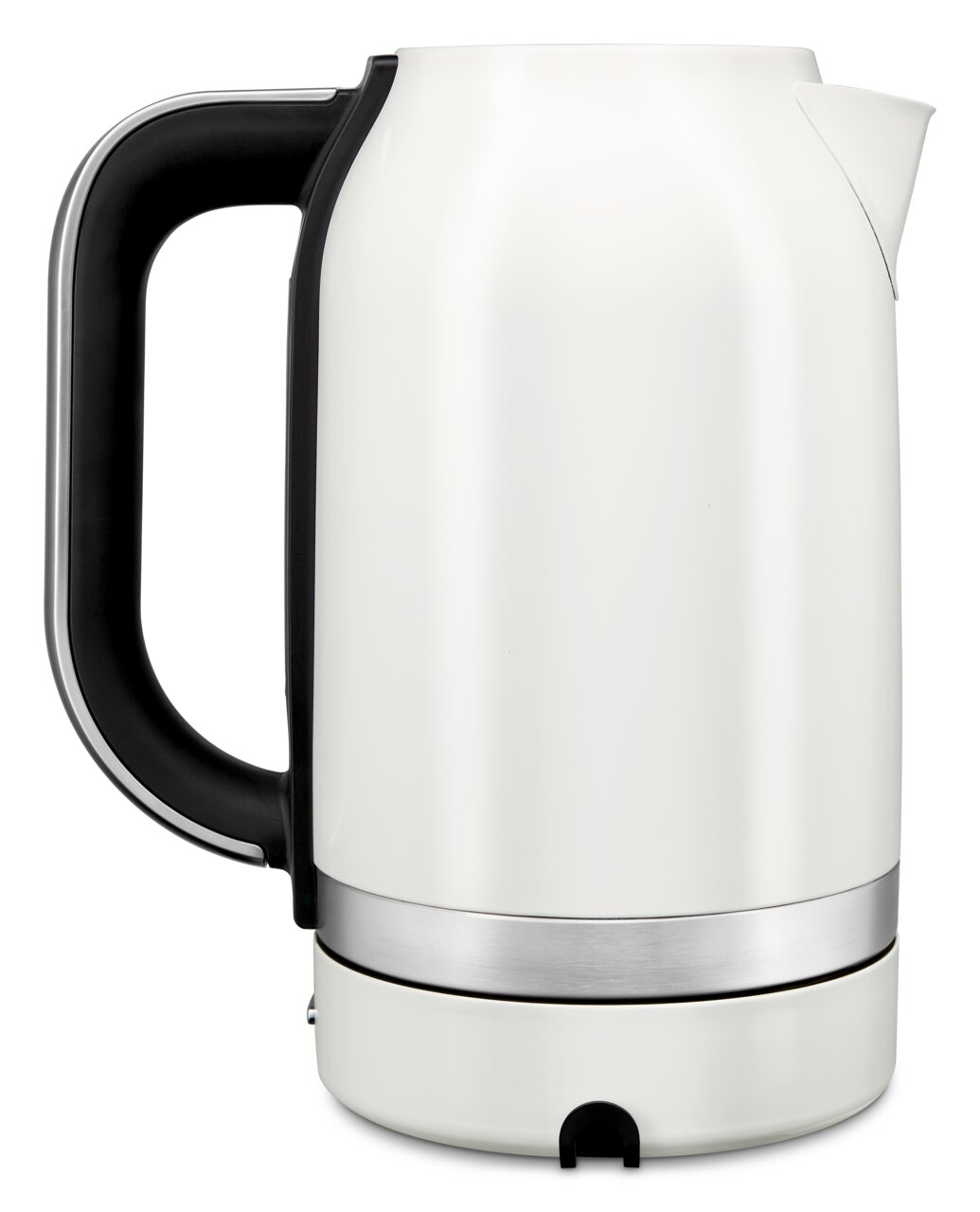 Weißer Wasserkocher mit schwarzem Griff, seitliche Ansicht