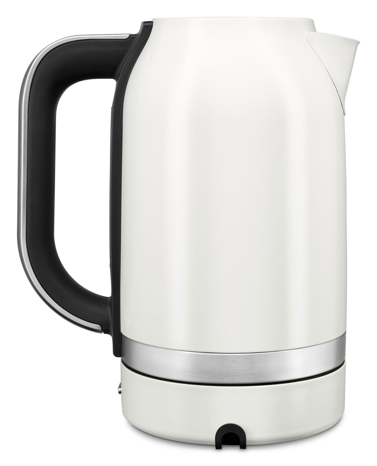 Weißer Wasserkocher mit schwarzem Griff, seitliche Ansicht