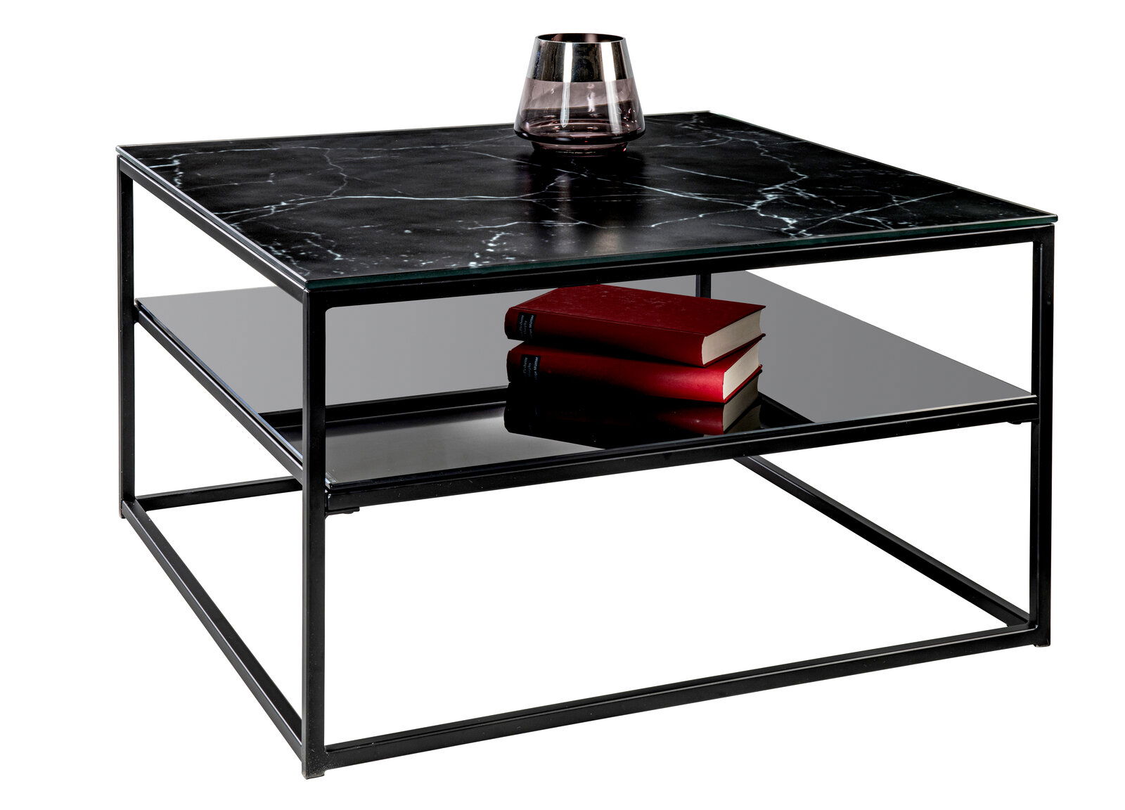 Moderner Couchtisch mit schwarzer Marmoroptik und Metallrahmen, seitliche Perspektive, mit Glas und Büchern dekoriert.