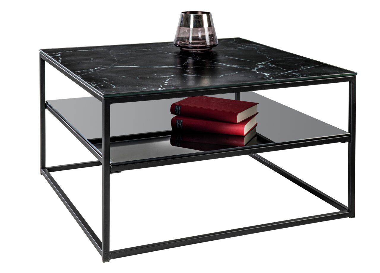 Moderner Couchtisch mit schwarzer Marmoroptik und Metallrahmen, seitliche Perspektive, mit Glas und Büchern dekoriert.