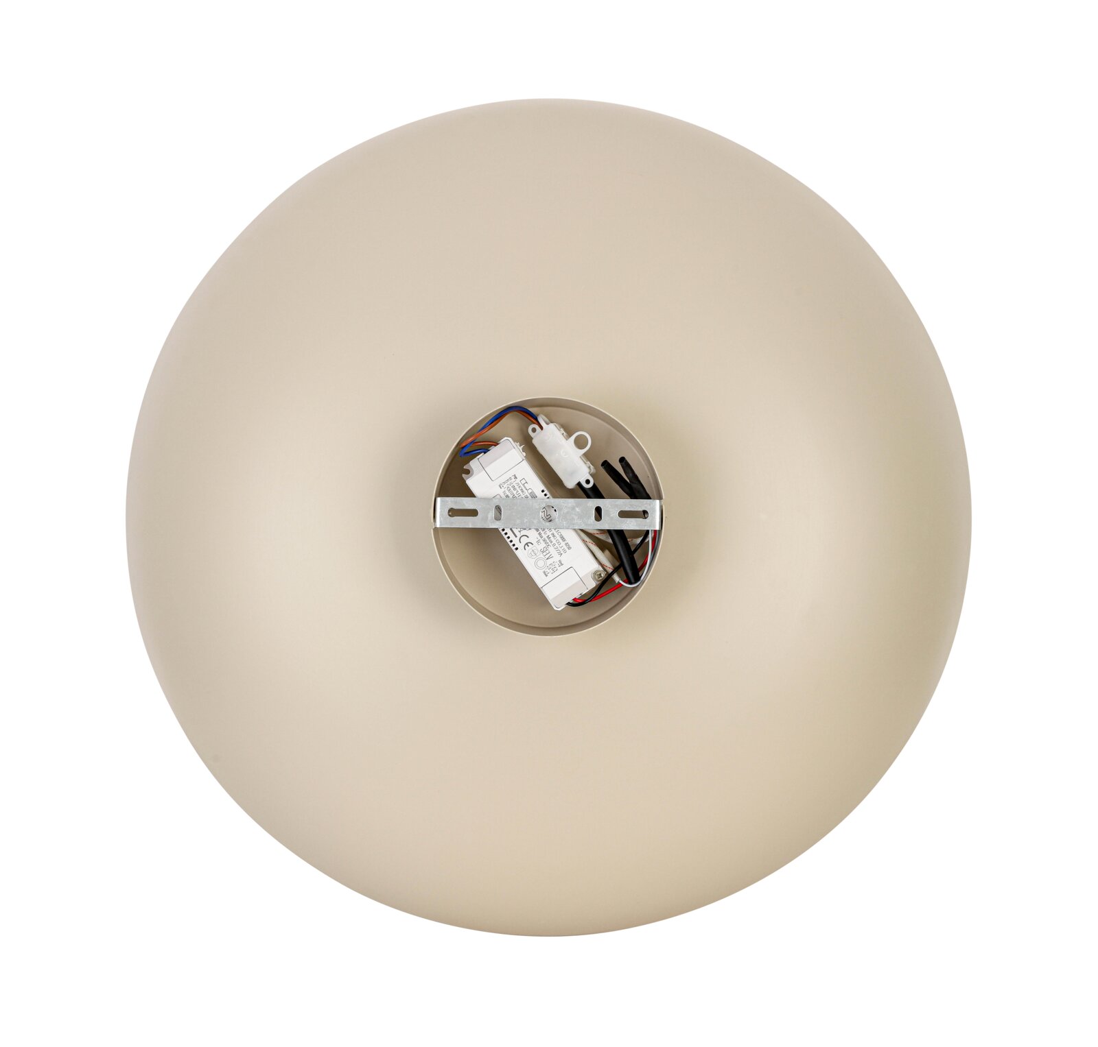 LED-plafondlamp van bovenaf gezien, met zichtbare bedrading en een bevestiging in het midden