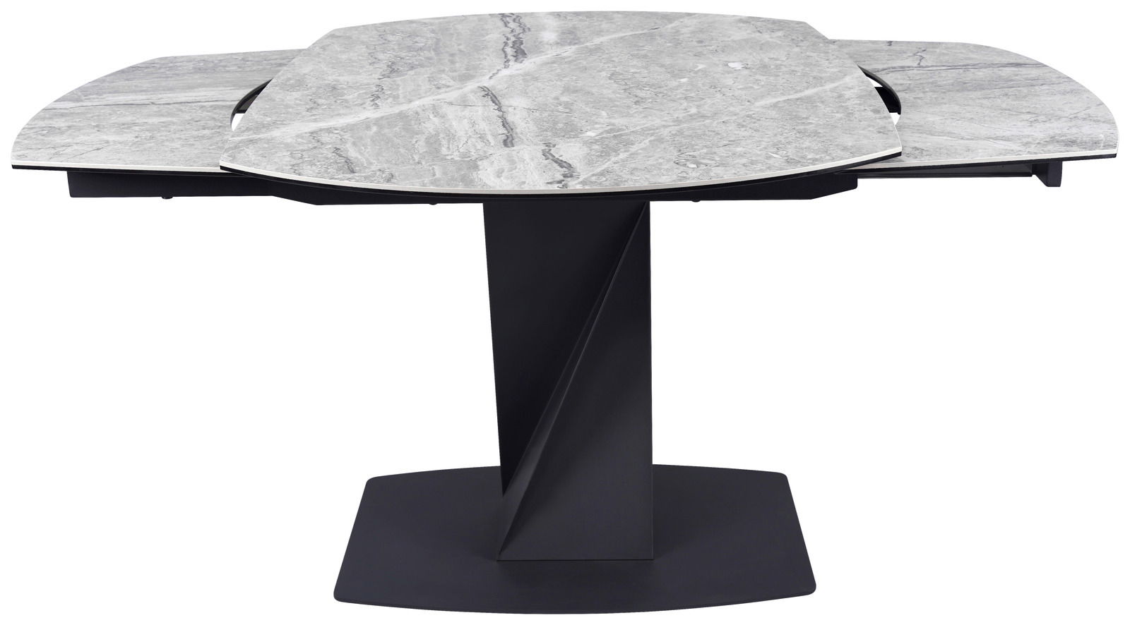 Moderner Esstisch mit ausziehbarer Marmorplatte, seitliche Perspektive