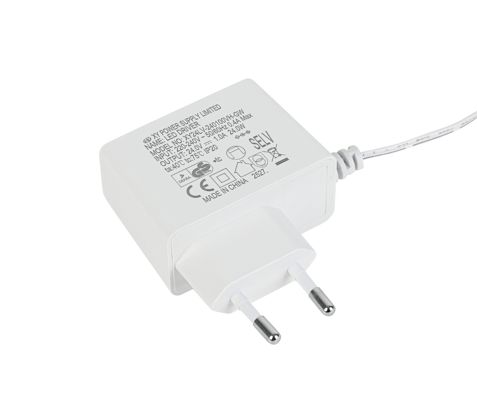 Weißer LED-Treiber mit Eurostecker und Anschlusskabel, 24 V und 24 W, in schräger Draufsicht auf weißem Hintergrund