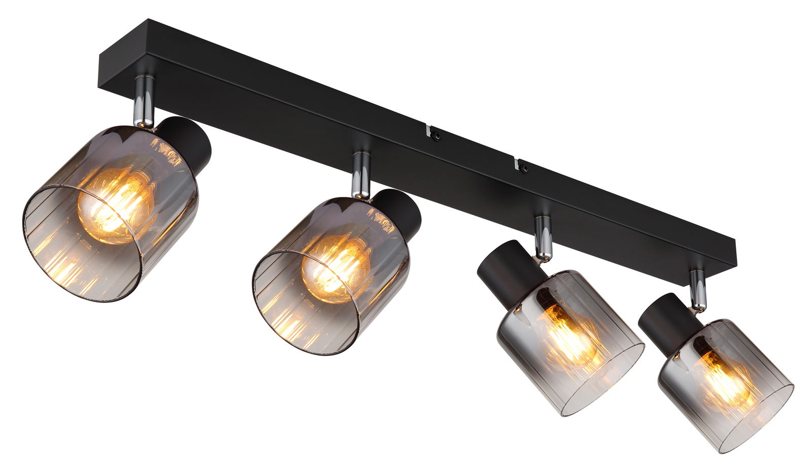 Moderner schwarzer Deckenstrahler mit vier verstellbaren Leuchten, seitliche Perspektive