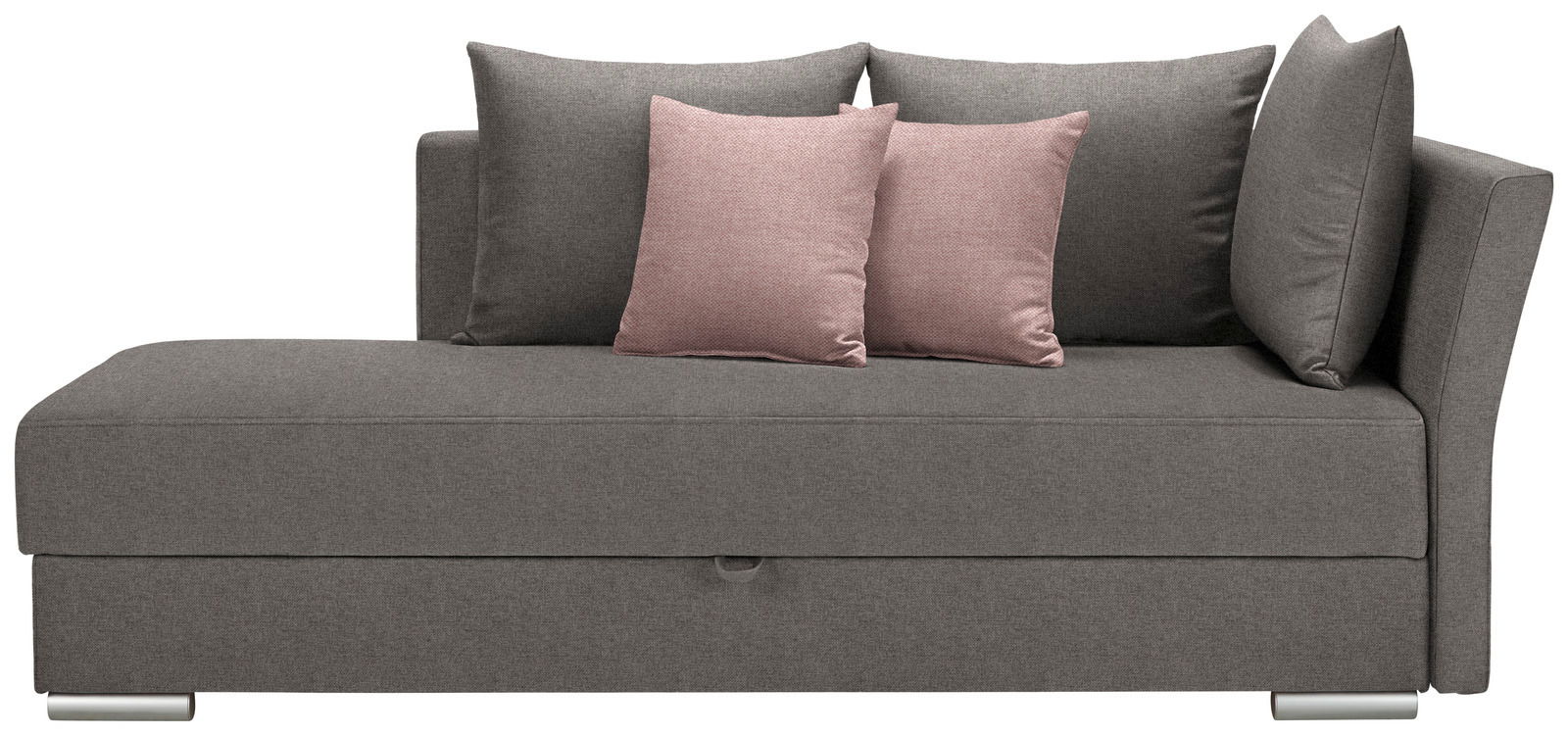 Graues Funktionssofa mit drei großen Rückenkissen und zwei rosa Zierkissen, seitliche Perspektive