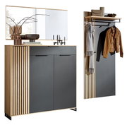 Modernes Garderoben-Set mit Holz- und Metallelementen, bestehend aus einem Schrank mit Spiegel und einer Wandgarderobe mit Haken und Ablage, seitliche Perspektive.