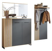 Modernes Garderoben-Set mit Holz- und Metallelementen, bestehend aus einem Schrank mit Spiegel und einer Wandgarderobe mit Haken und Ablage, seitliche Perspektive.