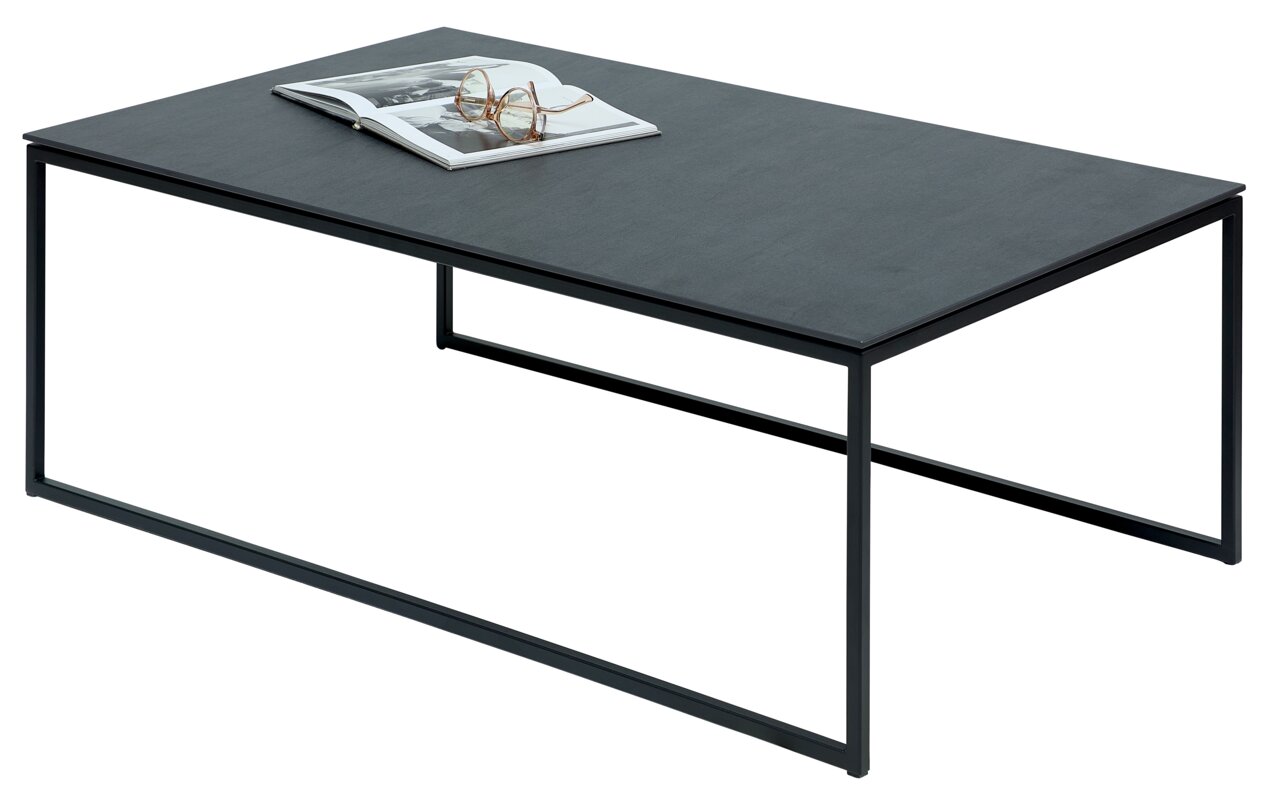 Moderner Couchtisch mit schwarzer Tischplatte und schlankem Metallgestell, seitliche Perspektive