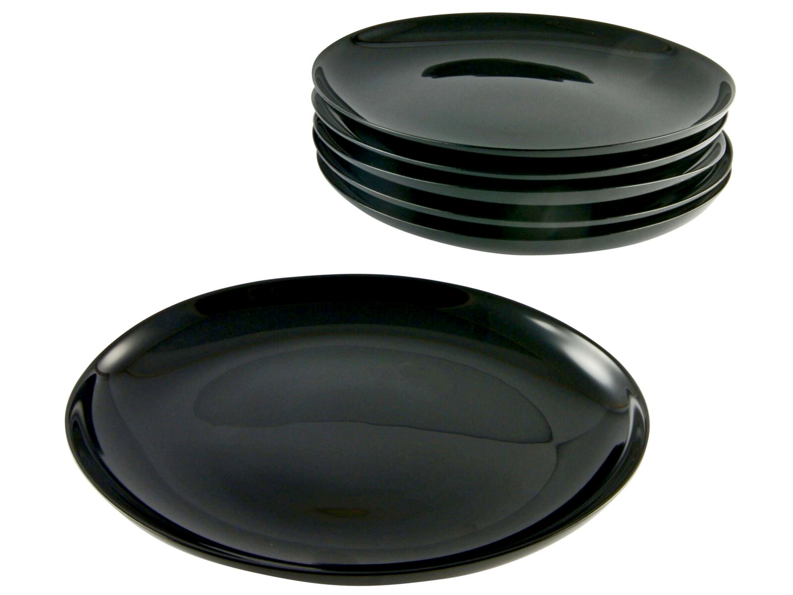 Schwarze, glänzende Servierplatte/Platte aus Kunststoff, einmal als Stapel und einmal einzeln gezeigt, in schräger Seitenansicht auf weißem Hintergrund