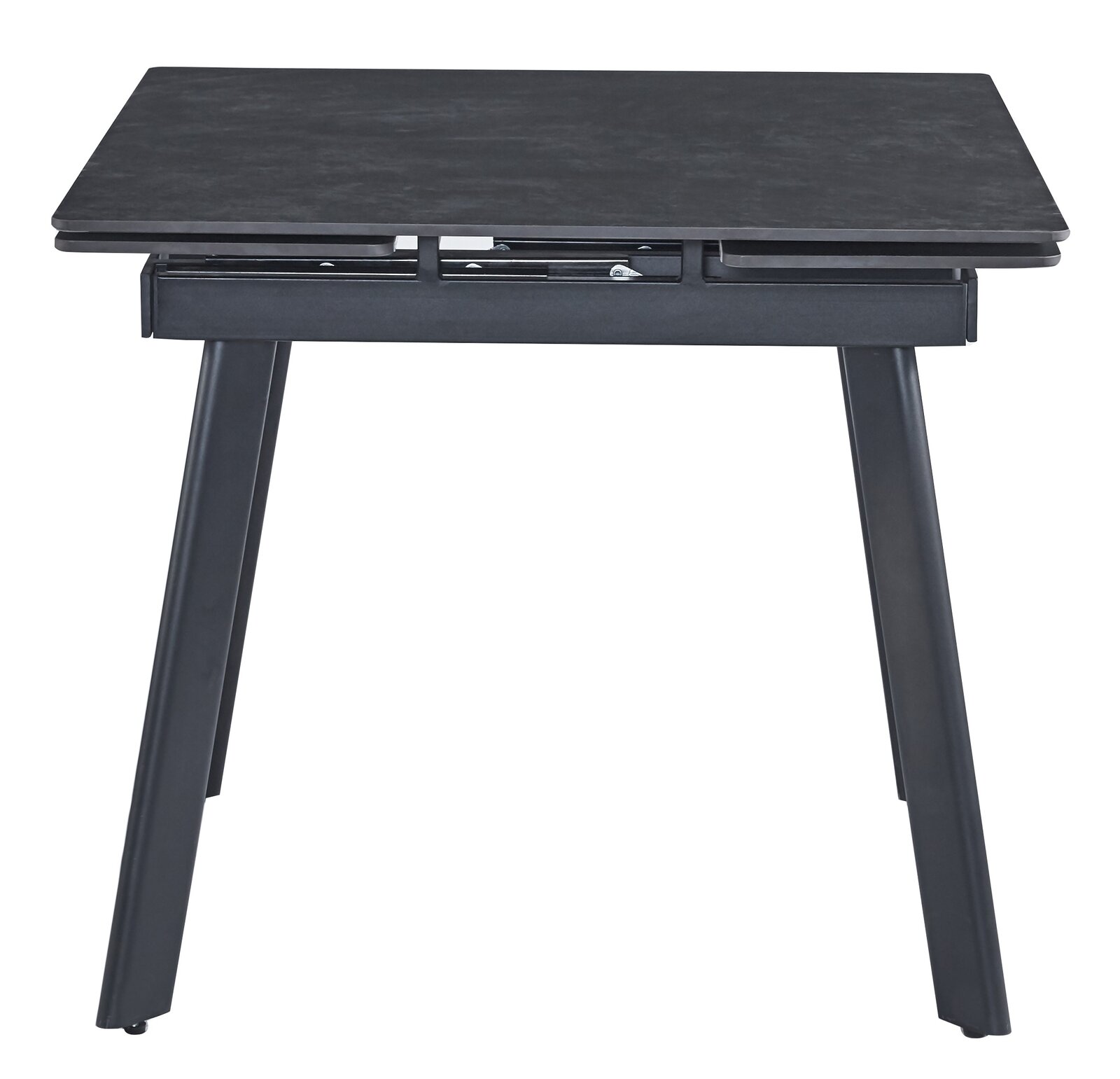 Moderner schwarzer Esstisch aus Metall mit rechteckiger Tischplatte, seitliche Perspektive