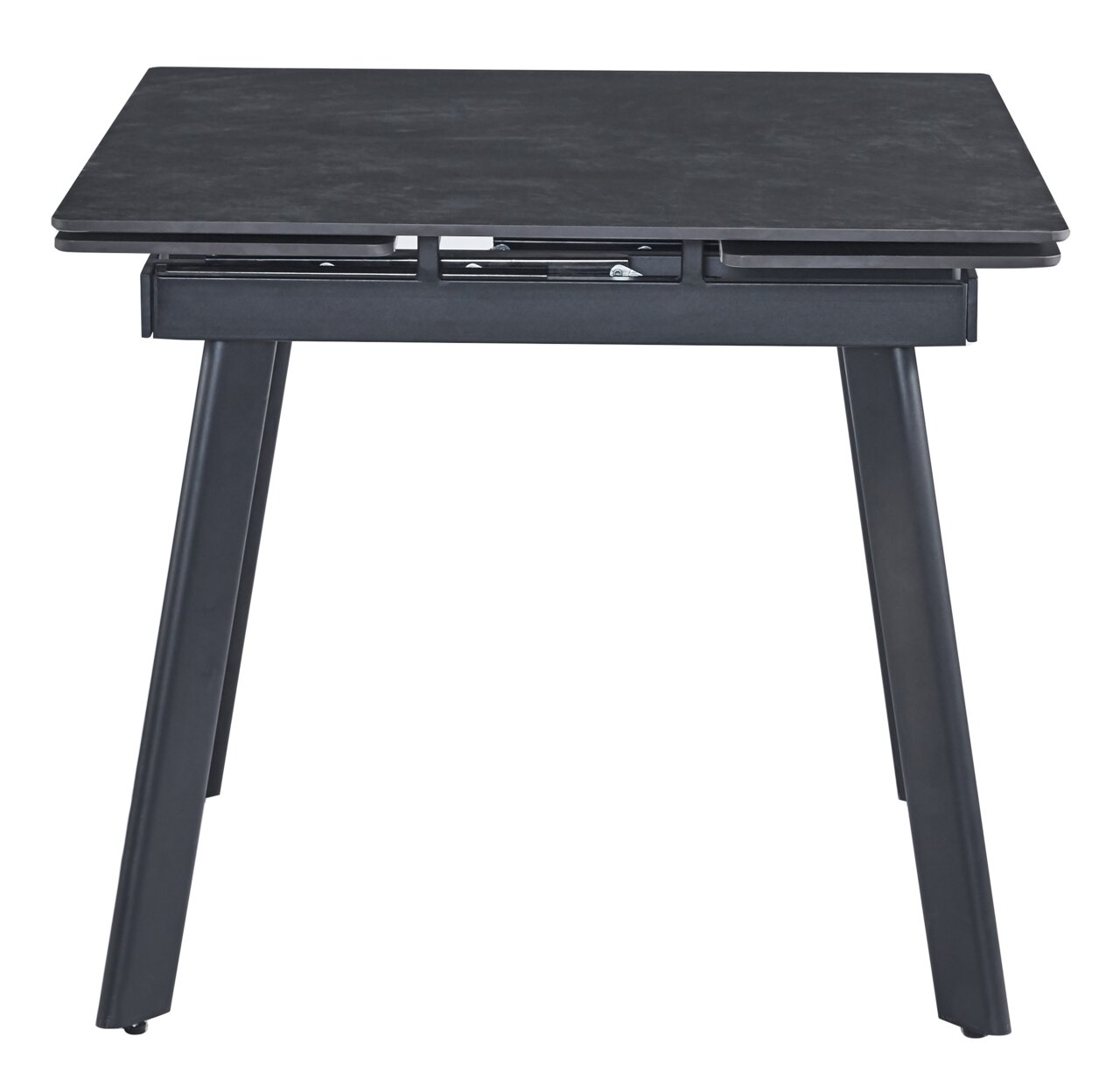 Moderner schwarzer Esstisch aus Metall mit rechteckiger Tischplatte, seitliche Perspektive