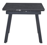 Moderner schwarzer Esstisch aus Metall mit rechteckiger Tischplatte, seitliche Perspektive