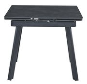 Moderner schwarzer Esstisch aus Metall mit rechteckiger Tischplatte, seitliche Perspektive