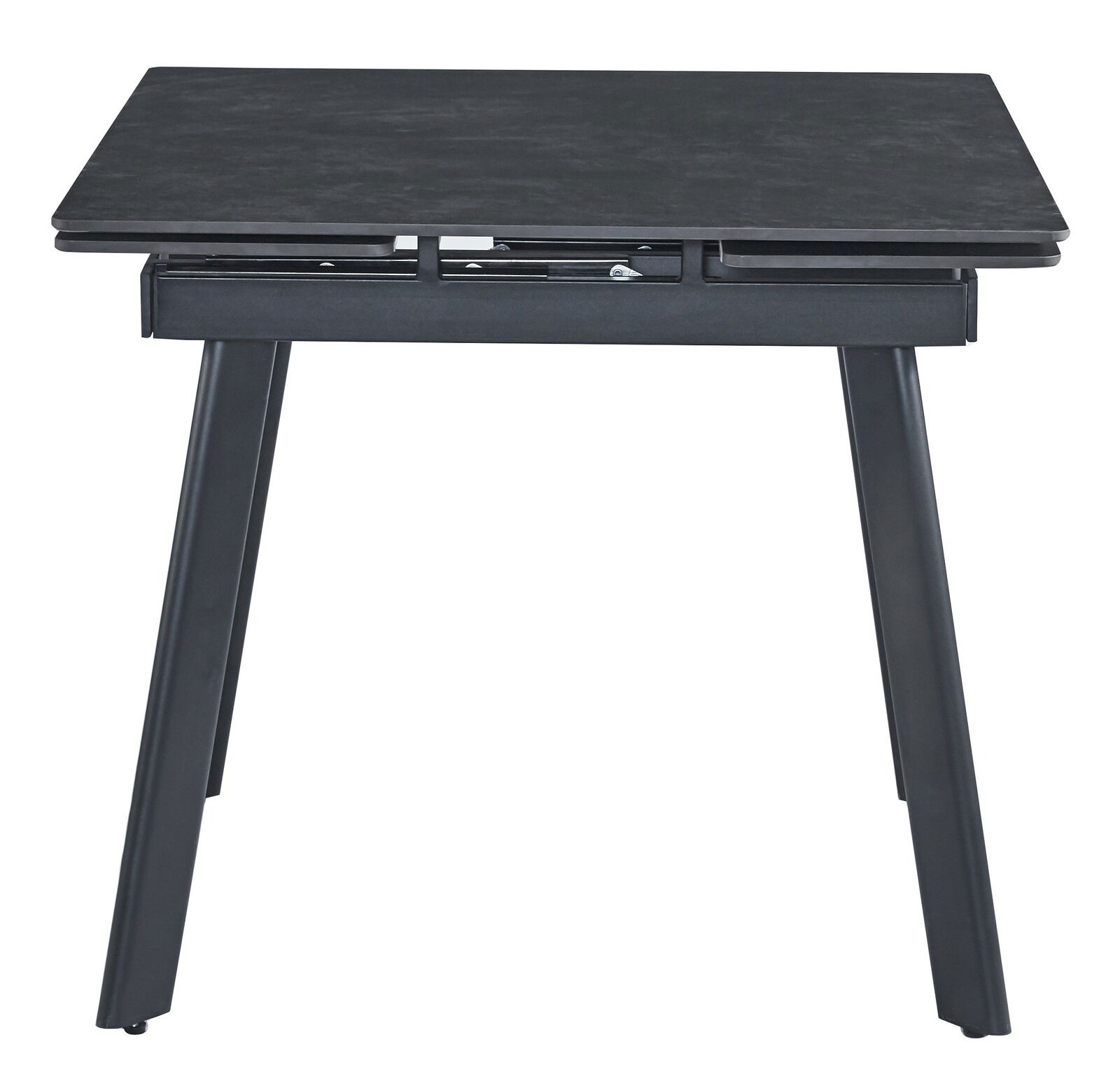 Moderner schwarzer Esstisch aus Metall mit rechteckiger Tischplatte, seitliche Perspektive