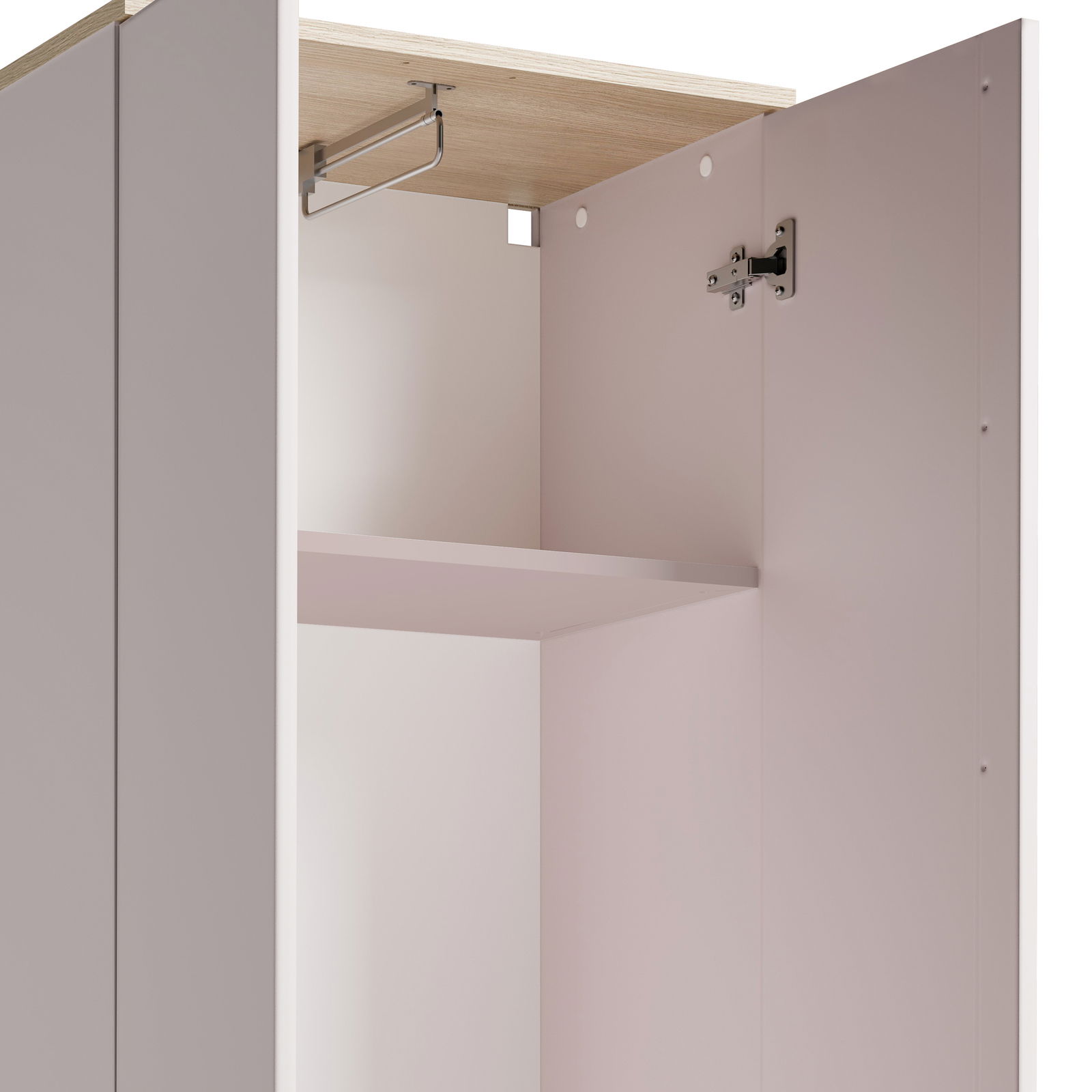 Offener Garderobenschrank mit einer Tür, Innenansicht von schräg unten, zeigt eine Kleiderstange und ein Regalbrett.