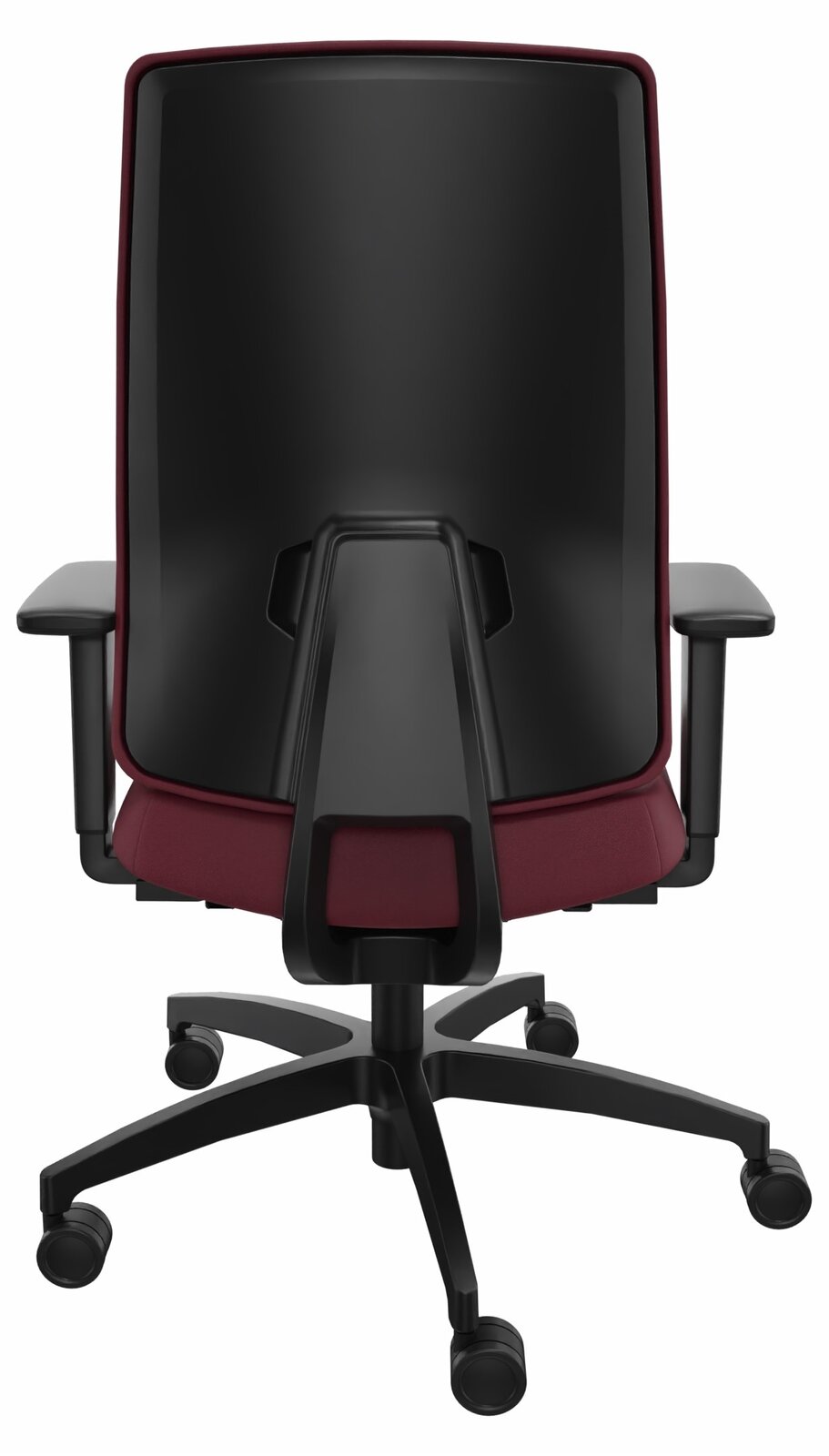 Rückansicht eines modernen Drehstuhls mit schwarzer Rückenlehne und weinrotem Sitz, auf Rollen.