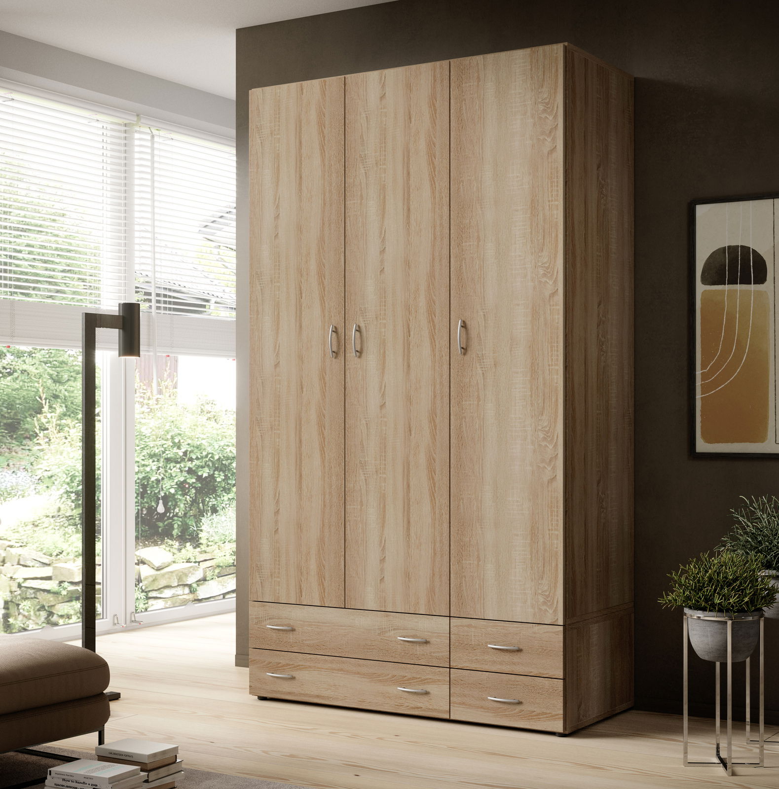 Drehtürenschrank 3-türig aus Holz in einem modernen Wohnzimmer, seitliche Perspektive