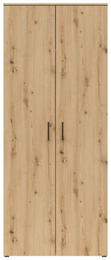 Vorderansicht eines Mehrzweck-Kleiderschranks mit Holzoptik und zwei Türen.