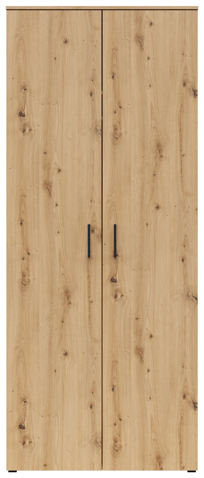 Vorderansicht eines Mehrzweck-Kleiderschranks mit Holzoptik und zwei Türen.