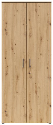 Vorderansicht eines Mehrzweck-Kleiderschranks mit Holzoptik und zwei Türen.