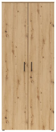Vorderansicht eines Mehrzweck-Kleiderschranks mit Holzoptik und zwei Türen.