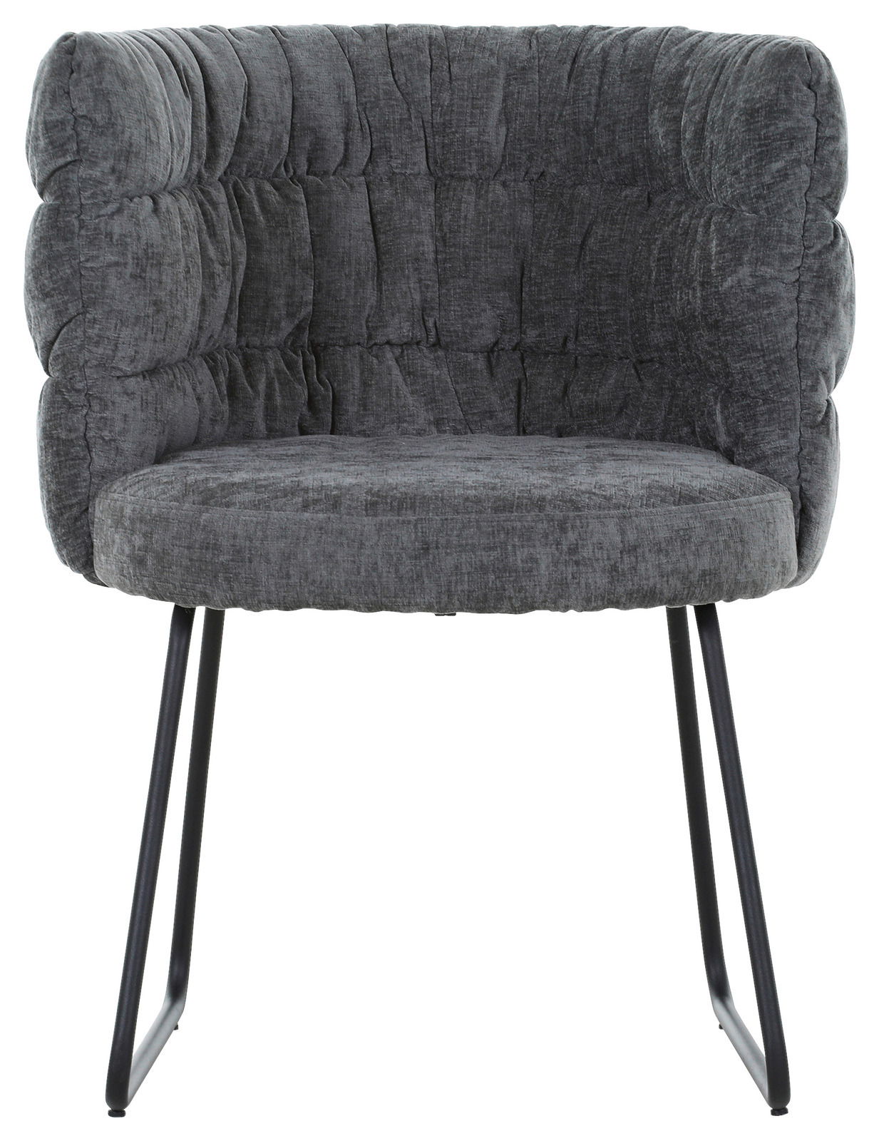 Grauer Armlehnstuhl MILA mit gepolsterter Rückenlehne und Metallbeinen, Frontalansicht