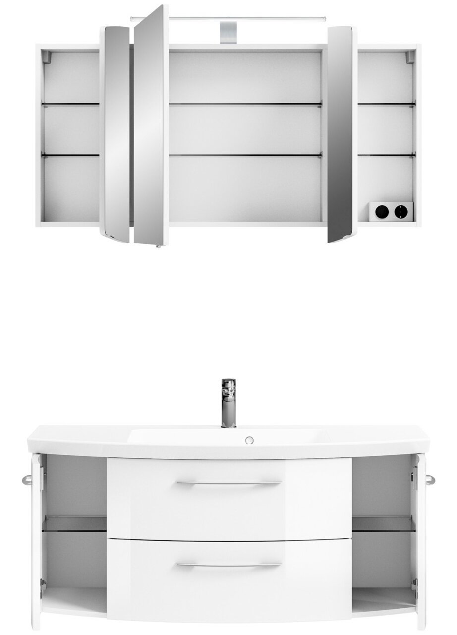 Frontale Ansicht einer modernen Badkombination mit einem Spiegelschrank und einem Waschbeckenunterschrank in Weiß, beide mit offenen Türen.