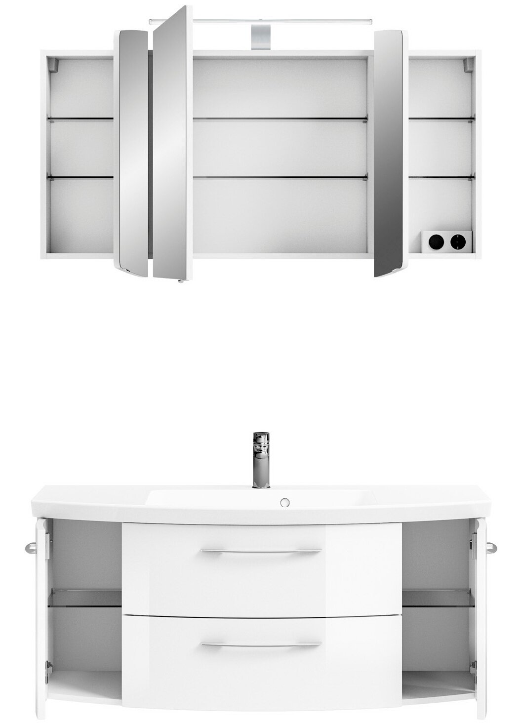 Pelipal Badkombination CASSCA SPRINT Frontale Ansicht einer modernen Badkombination mit einem Spiegelschrank und einem Waschbeckenunterschrank in Weiß, beide mit offenen Türen.