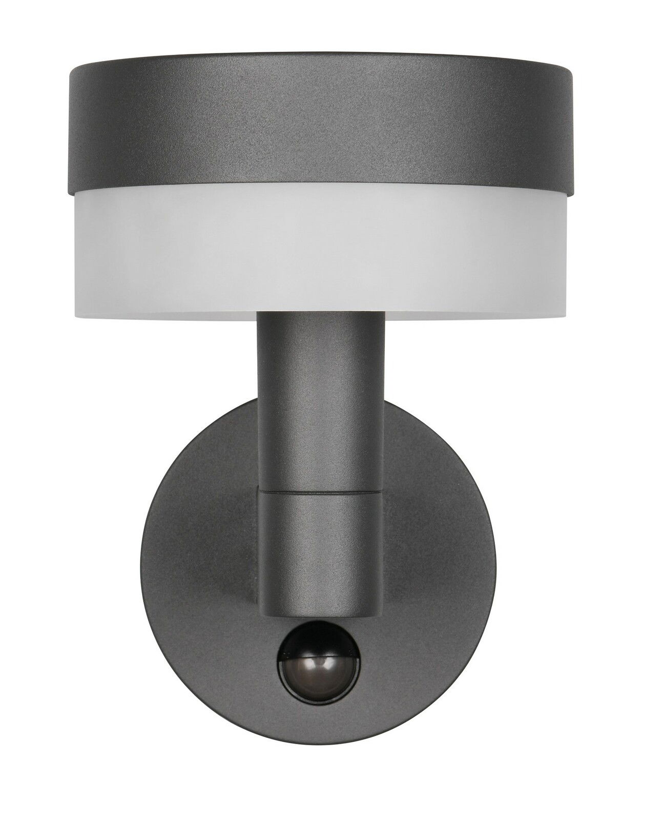 Moderne LED-Außenwandleuchte in anthrazit mit rundem Design, frontal abgebildet.