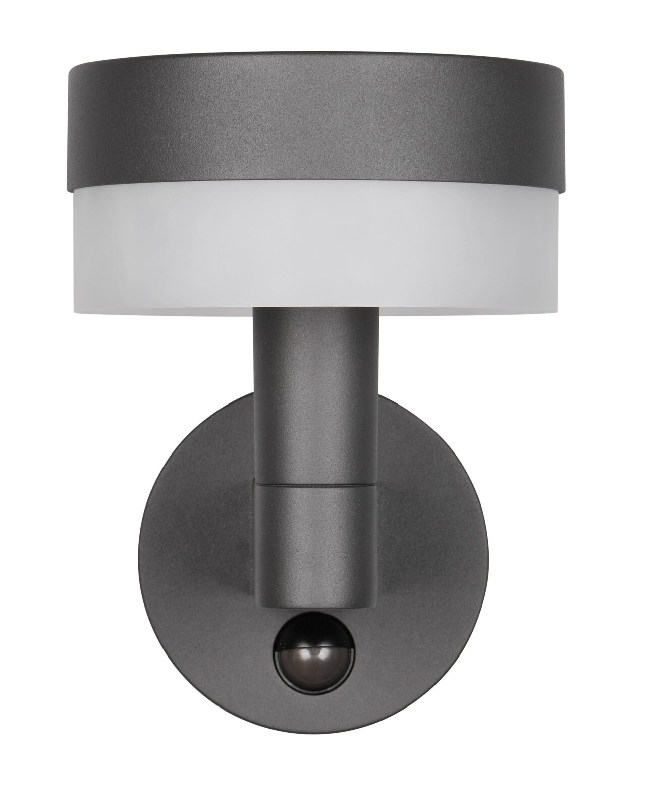 Moderne LED-buitenwandlamp in antraciet met een rond ontwerp, afgebeeld van voren.