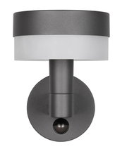 Moderne LED-buitenwandlamp in antraciet met een rond ontwerp, afgebeeld van voren.
