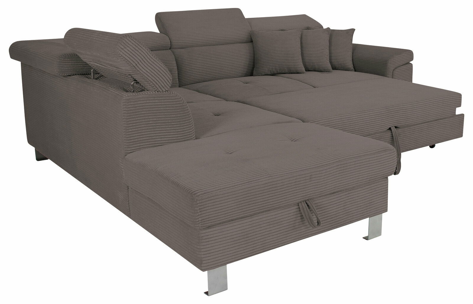Z2 Ecksofa PINK Großes, modernes Ecksofa in grauem Stoff mit verstellbaren Kopfstützen und Kissen, Perspektive von vorne links.