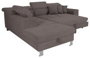 Großes, modernes Ecksofa in grauem Stoff mit verstellbaren Kopfstützen und Kissen, Perspektive von vorne links.