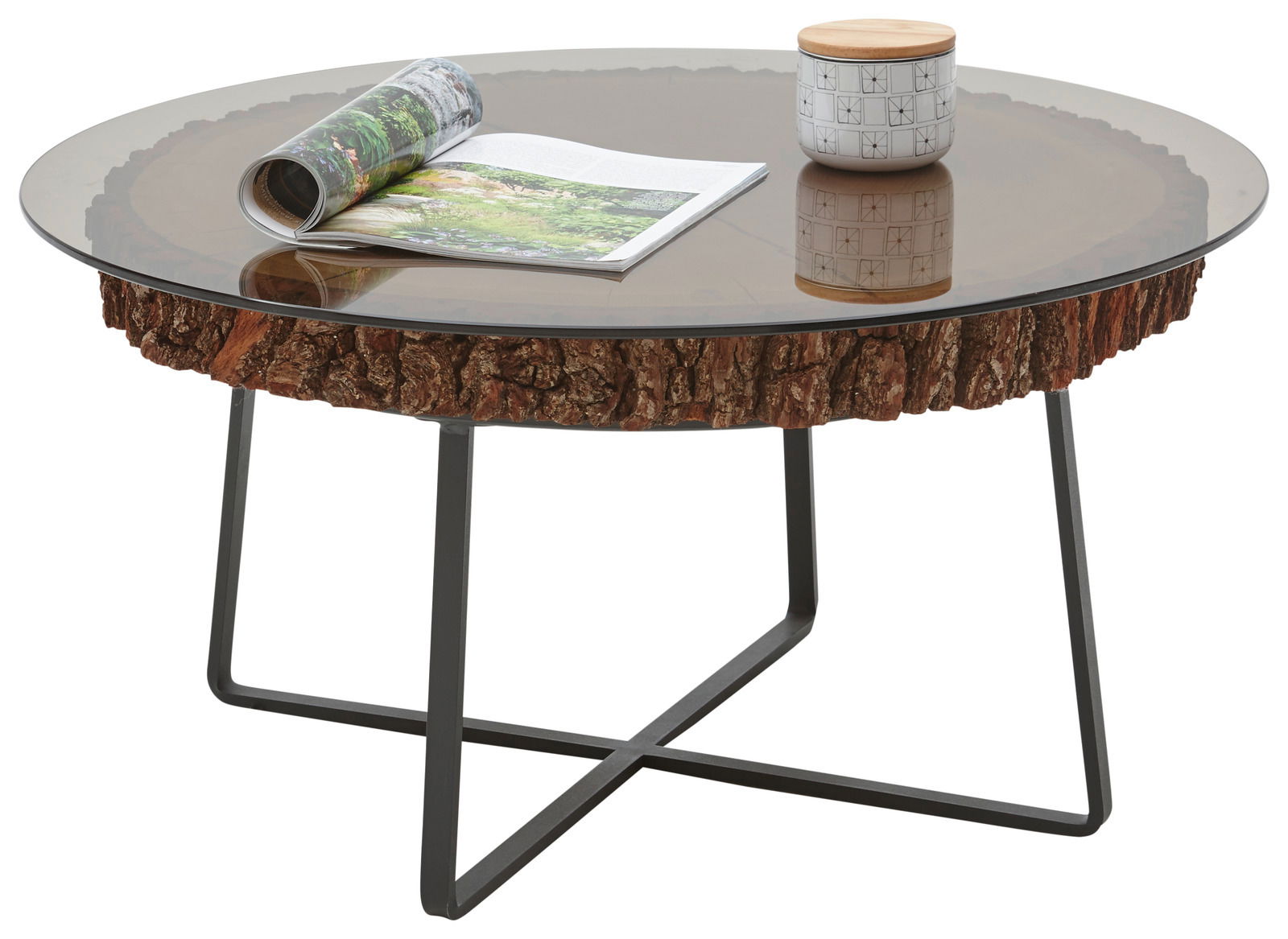 Valnatura Couchtisch Runder Couchtisch mit Glasplatte und rustikalem Holzrand, auf schwarzem Metallgestell, aus seitlicher Perspektive fotografiert.