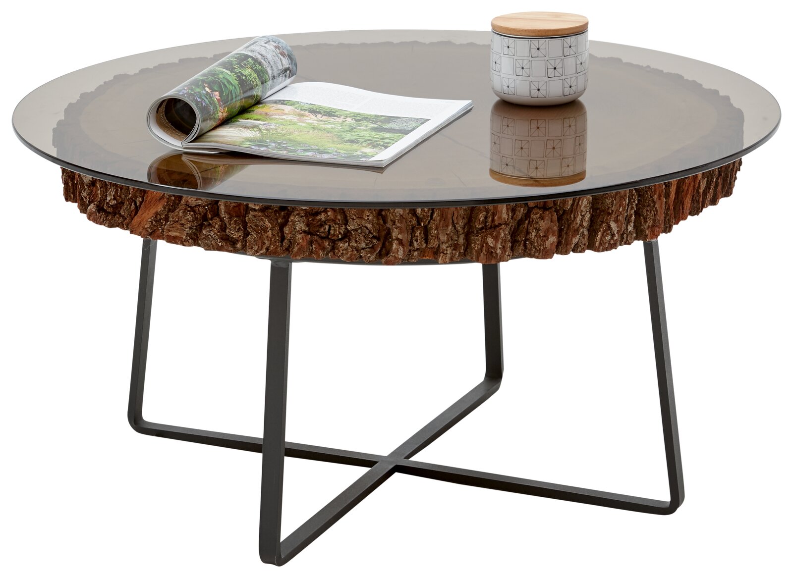 Valnatura Couchtisch Runder Couchtisch mit Glasplatte und rustikalem Holzrand, auf schwarzem Metallgestell, aus seitlicher Perspektive fotografiert.