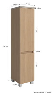 Midischrank 30 cm in Holzoptik, frontale Perspektive, mit Maßen 136 cm Höhe, 30 cm Breite und 35 cm Tiefe.