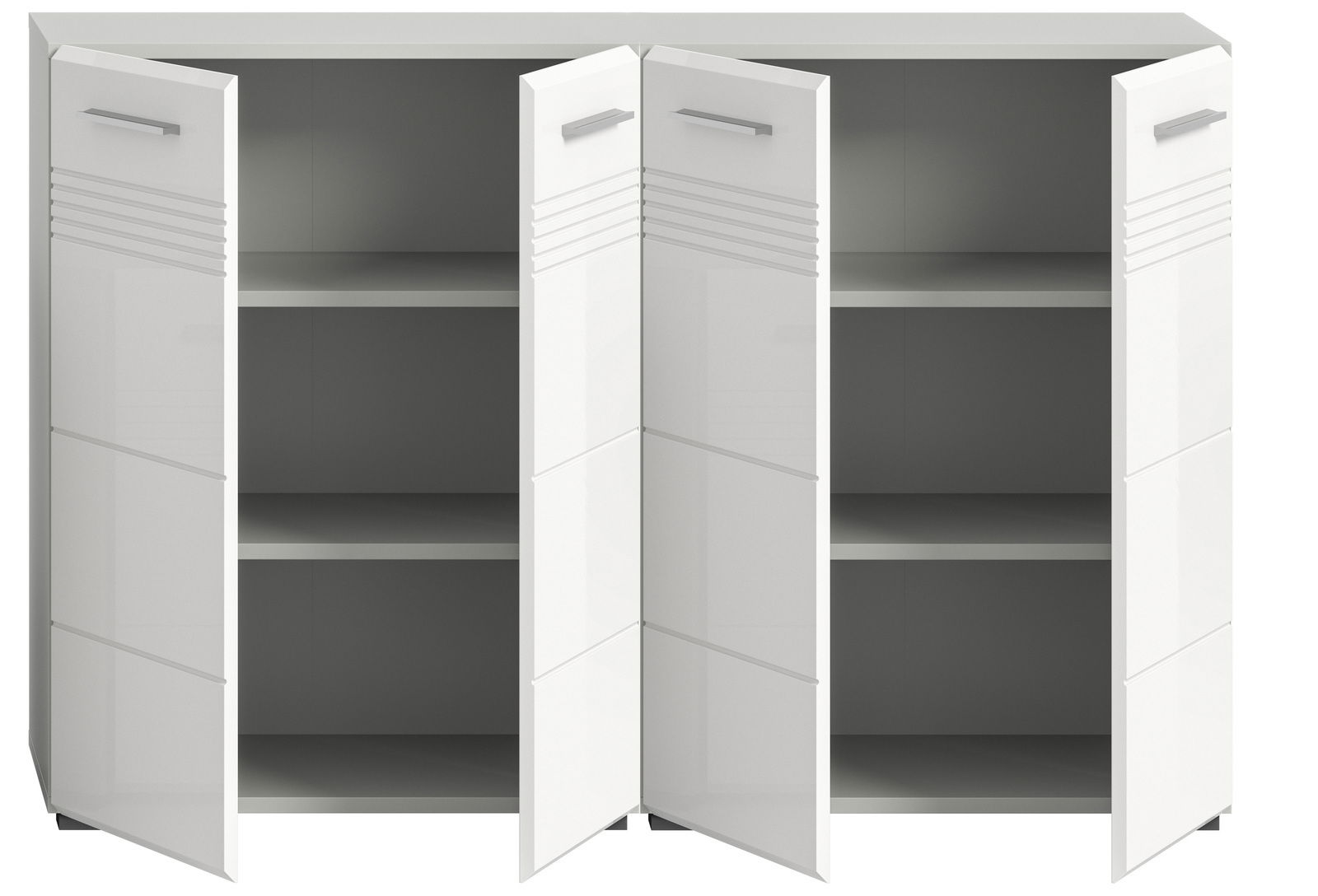 Moderner weißer Midischrank mit vier offenen Türen, zwei Einlegeböden und glänzender Oberfläche, Frontalansicht.