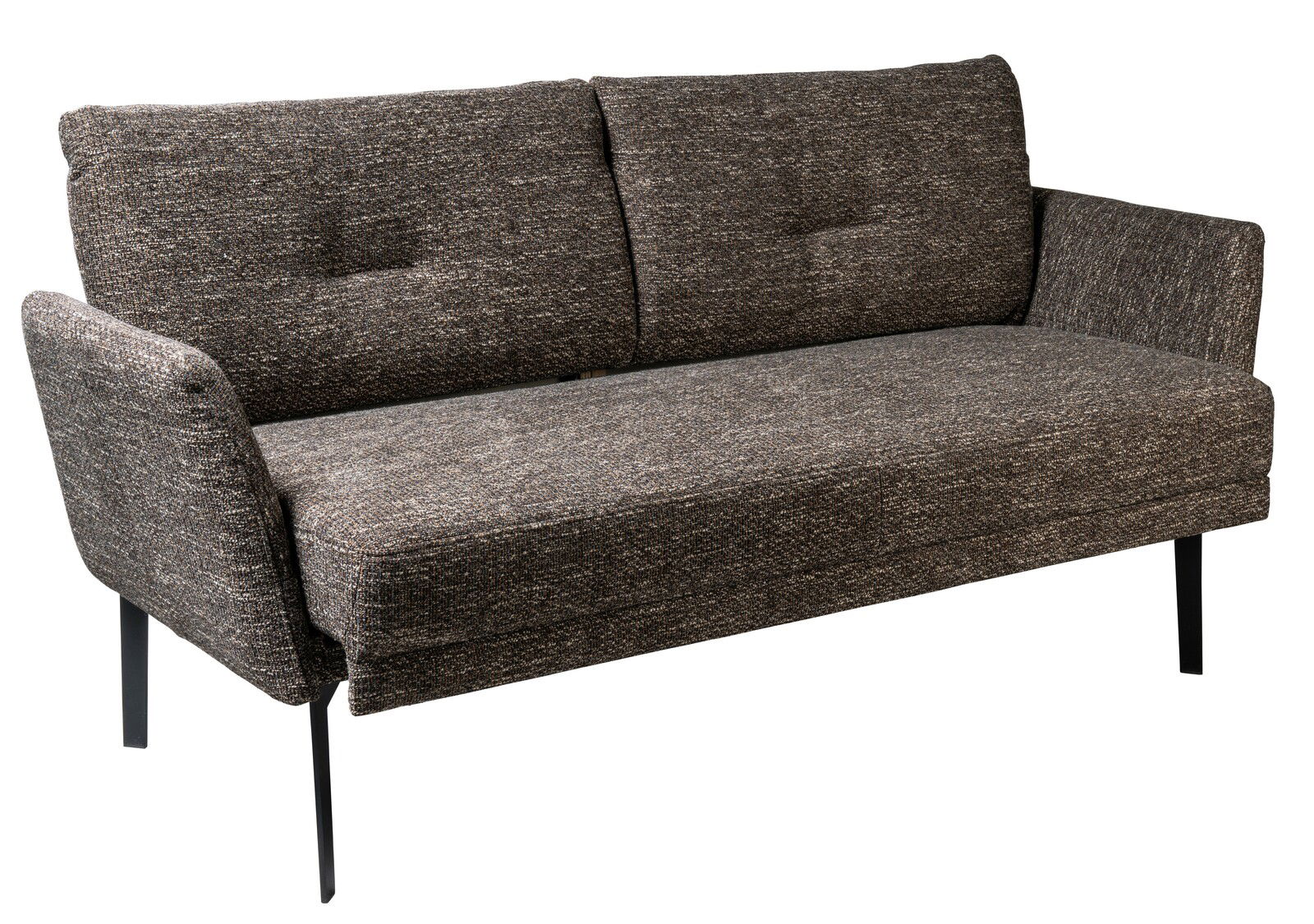 Graues Sofa mit zwei Rückenkissen und schwarzen Metallbeinen, seitliche Perspektive