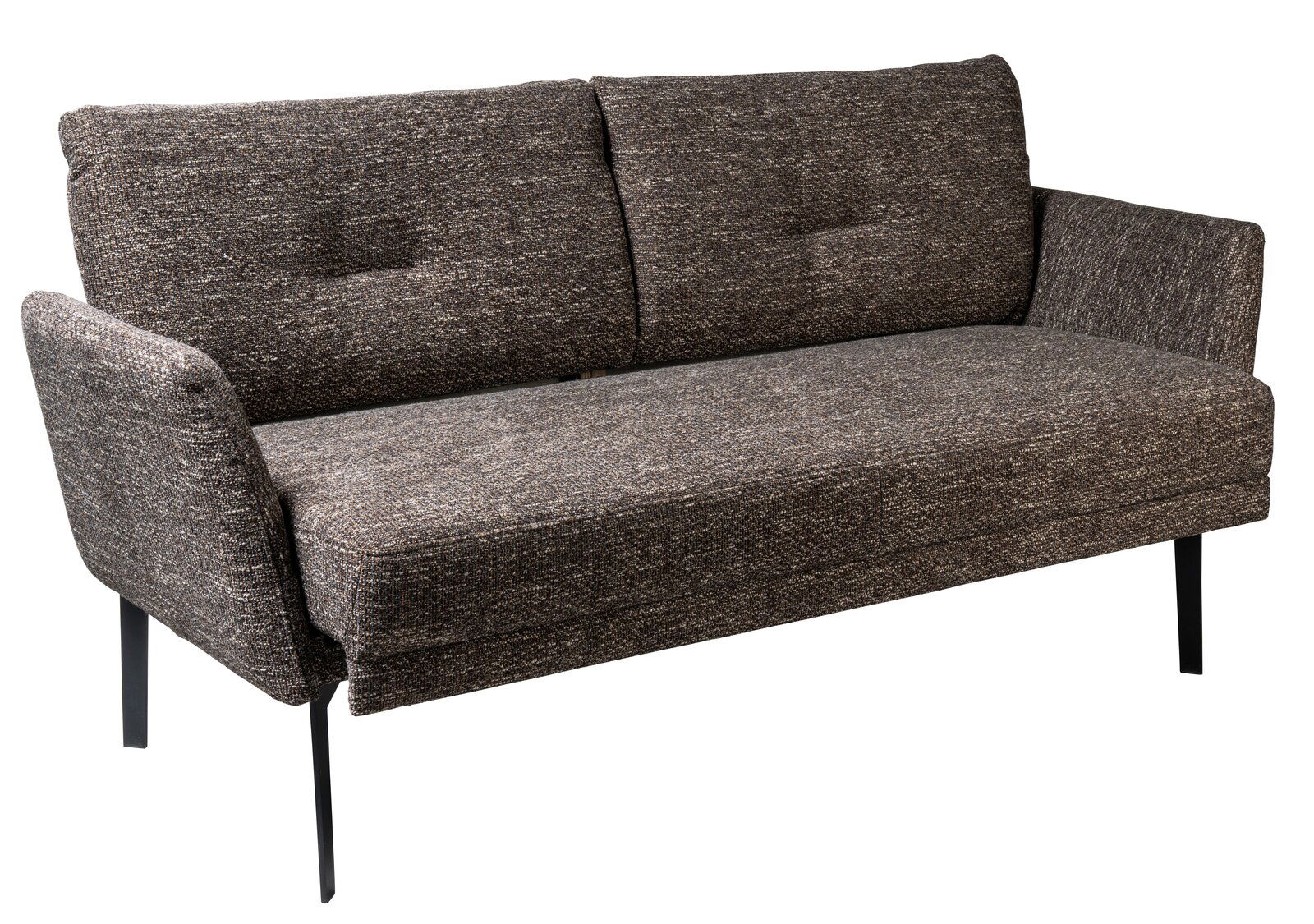 Graues Sofa mit zwei Rückenkissen und schwarzen Metallbeinen, seitliche Perspektive