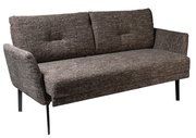 Graues Sofa mit zwei Rückenkissen und schwarzen Metallbeinen, seitliche Perspektive