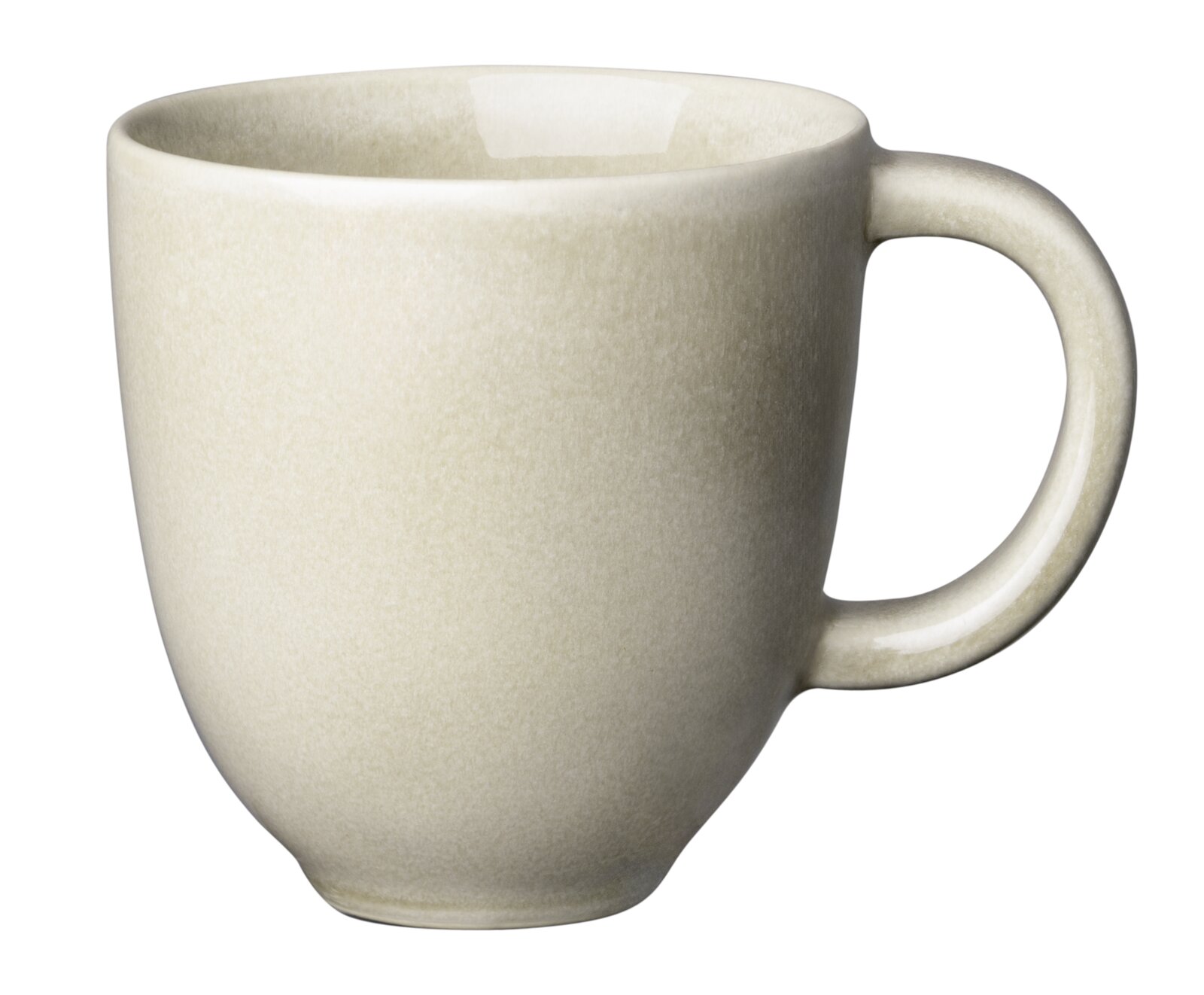 Beige Tasse mit Henkel, seitliche Perspektive