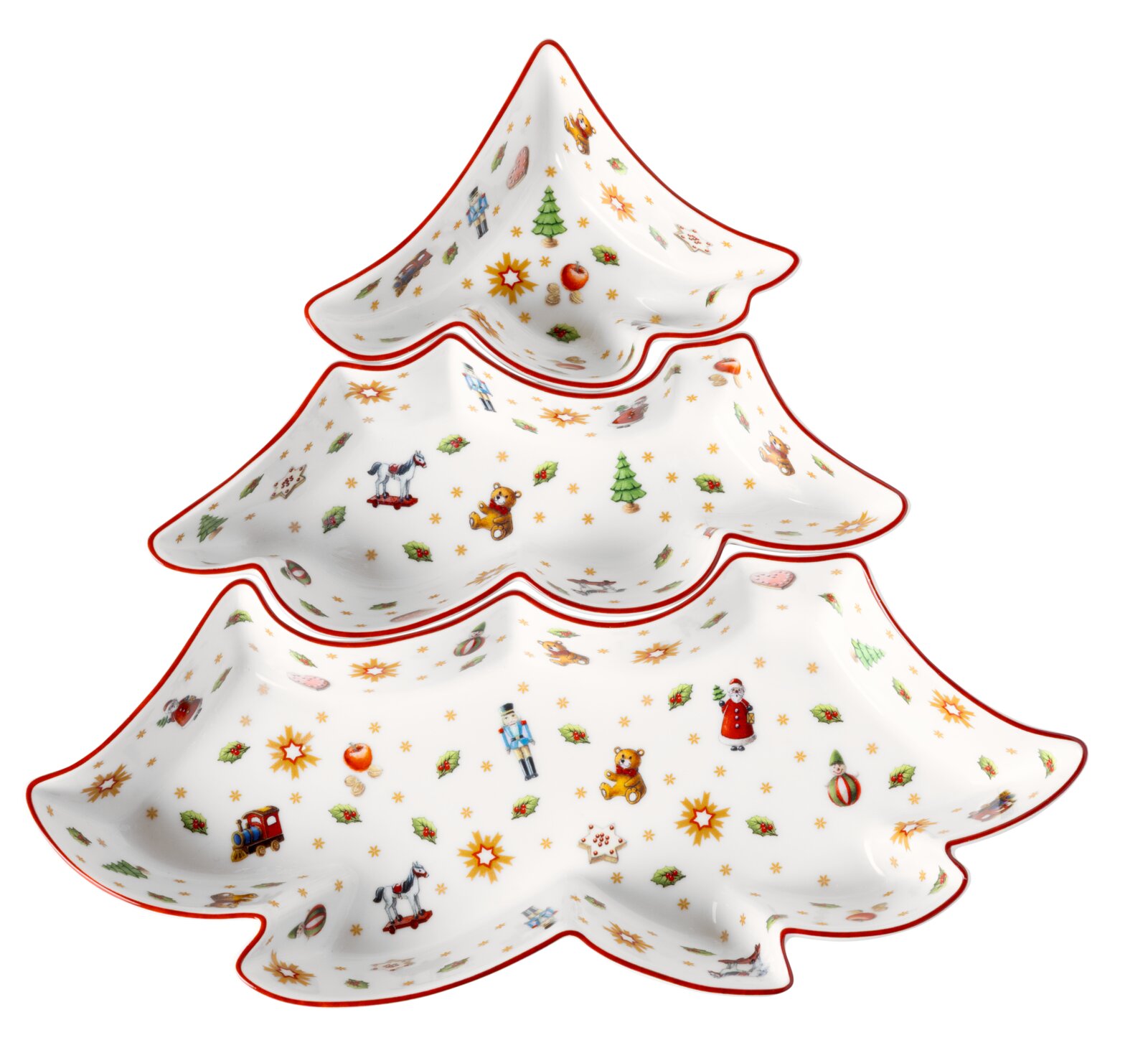 Dreiteilige, stapelbare Servierschale in Weihnachtsbaumform aus weißem Porzellan mit rotem Rand und festlichen Motiven, aus schräger Vorderansicht