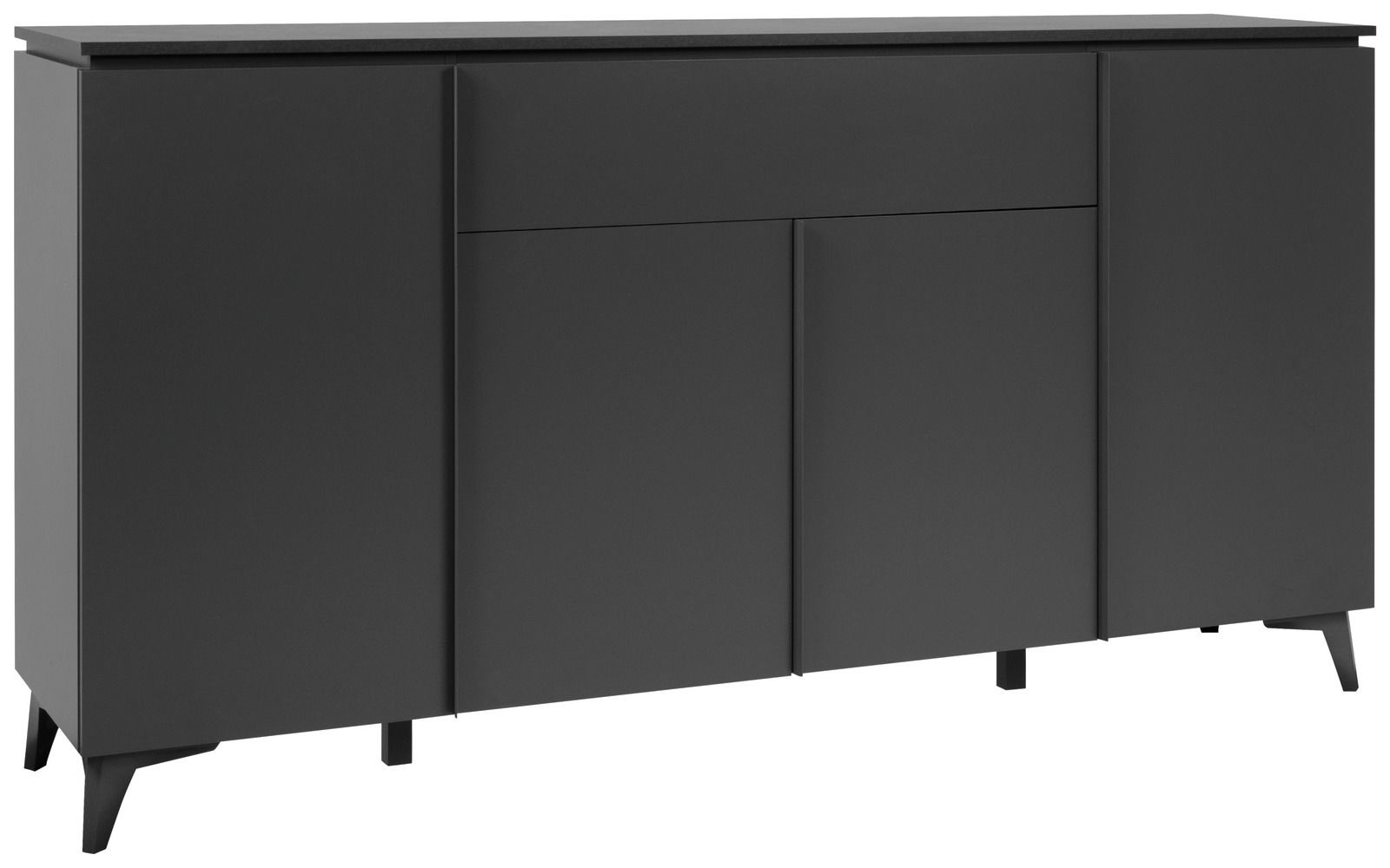 Schwarzes Sideboard mit drei Türen und einer Schublade, seitliche Perspektive