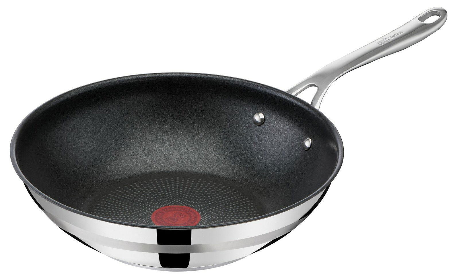 Tefal Wokpfanne Wokpfanne mit 28 cm Durchmesser, seitliche Perspektive, schwarzes Antihaft-Innenmaterial und silberner Griff