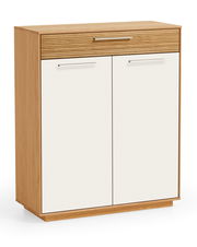 Schuhkommode aus Holz mit zwei weißen Türen und einer Schublade, frontale Perspektive