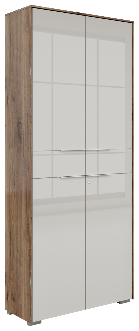 Voleo Aktenschrank NEVADA Zweiflügeliger Aktenschrank Voleo Nevada in Holzoptik mit weiß glänzenden Türen, seitliche Perspektive