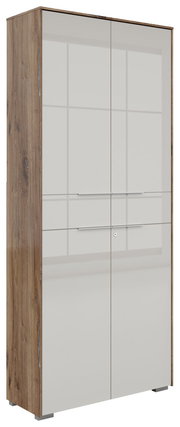 Zweiflügeliger Aktenschrank Voleo Nevada in Holzoptik mit weiß glänzenden Türen, seitliche Perspektive