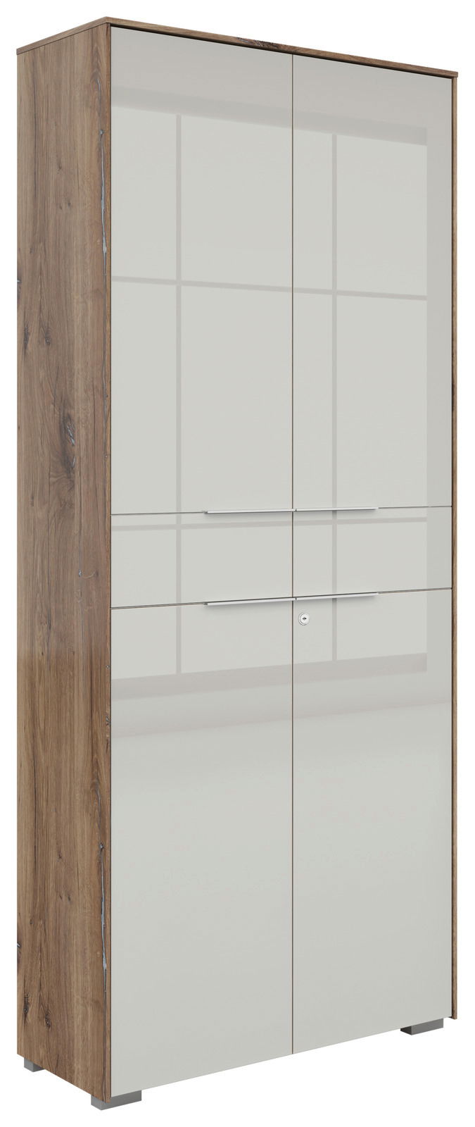 Voleo Aktenschrank NEVADA Zweiflügeliger Aktenschrank Voleo Nevada in Holzoptik mit weiß glänzenden Türen, seitliche Perspektive