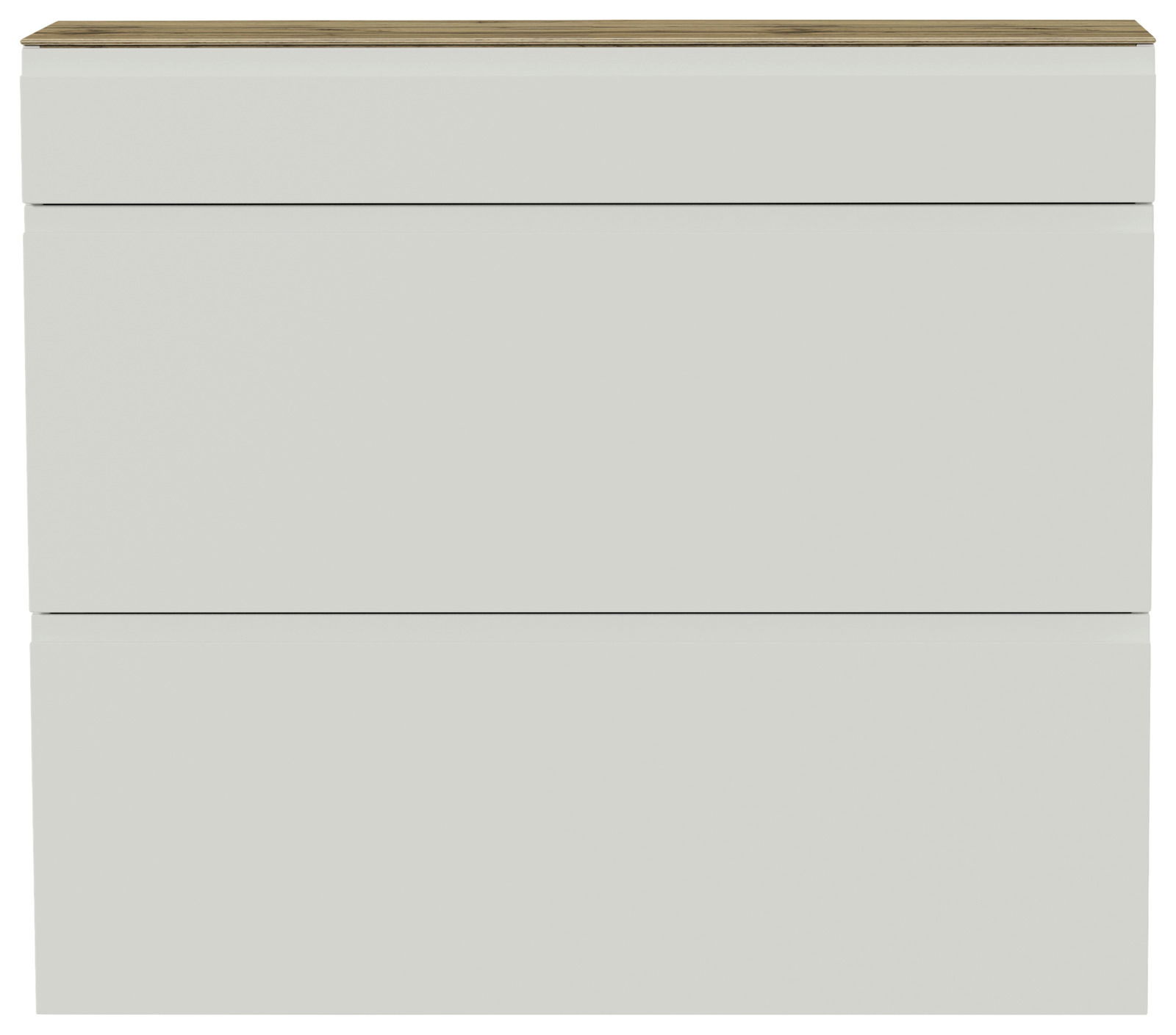 Moderner Hängeschuhschrank in Weiß mit Holzoberfläche, Frontalansicht